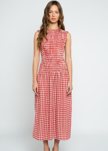 Daisy Street - Baye Red & White Check Shirred Midi Dress