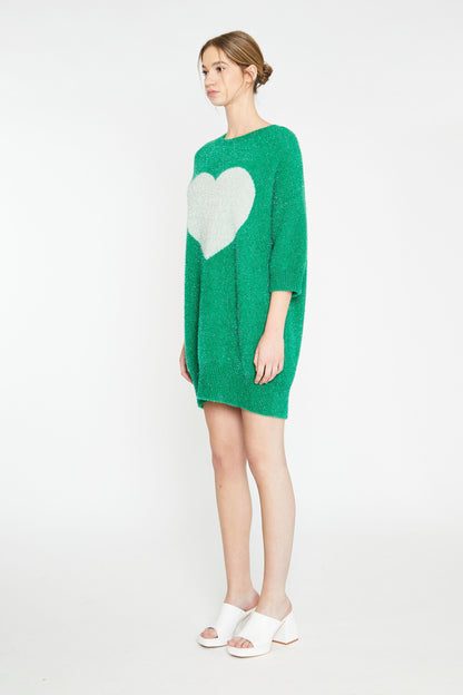 Glamorous - Green Glitter Knit Jumper Dress with large Cream Heart