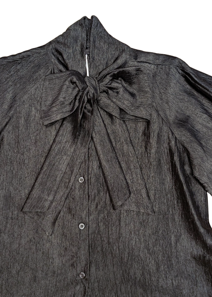The Edit - Black Crinkle Pussy Bow Top