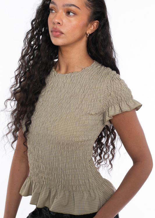 Daisy Street - Beige Check Short Sleeve Shirred Top