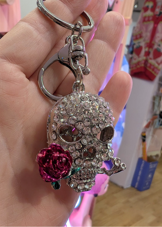 The Edit - Silver Skull Bag Charm Keyring with Pink Rose