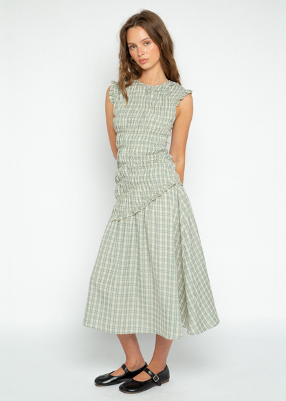 Daisy Street - Vivi Green Check Asymmetric Shirred Midi Dress