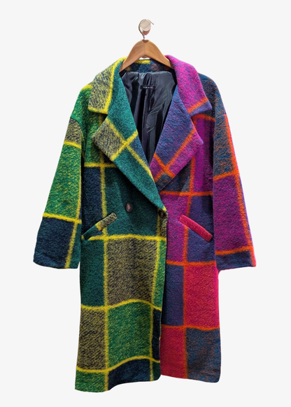 The Edit - Oversized Half 'n' Half Colourful Check Blanket Coat in Pink, Orange & Green