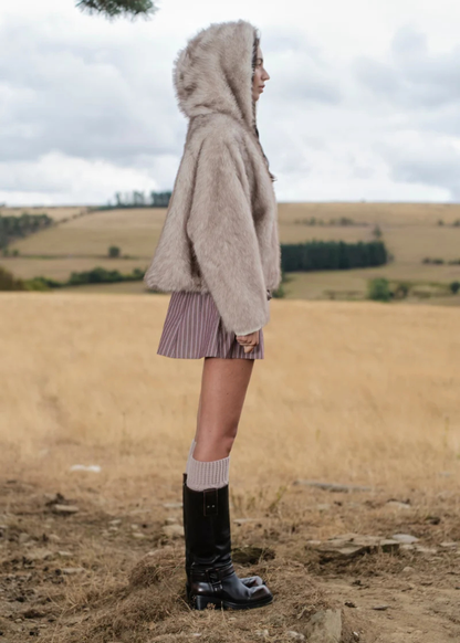 Daisy Street - Grey Plush Faux Fur Hooded Coat