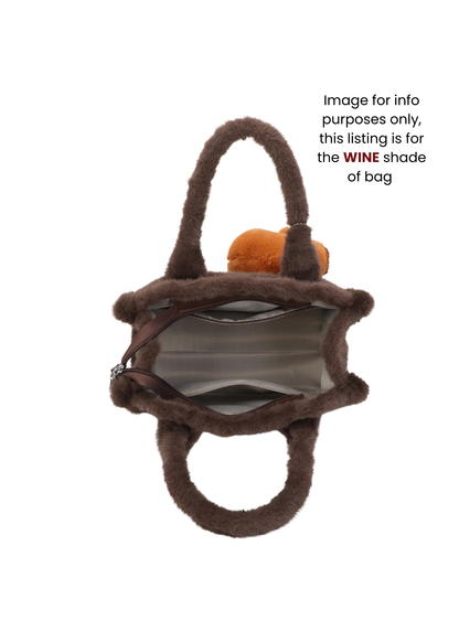 The Edit - Wine Faux Fur Tote Handbag with Capybara Charm