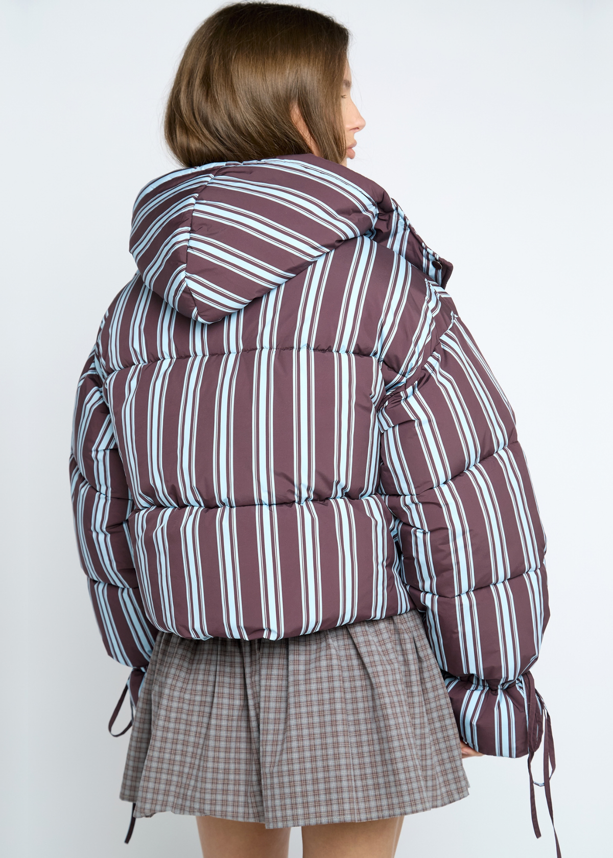Daisy Street - Cocoa Striped Tie Front Puffer Jacket