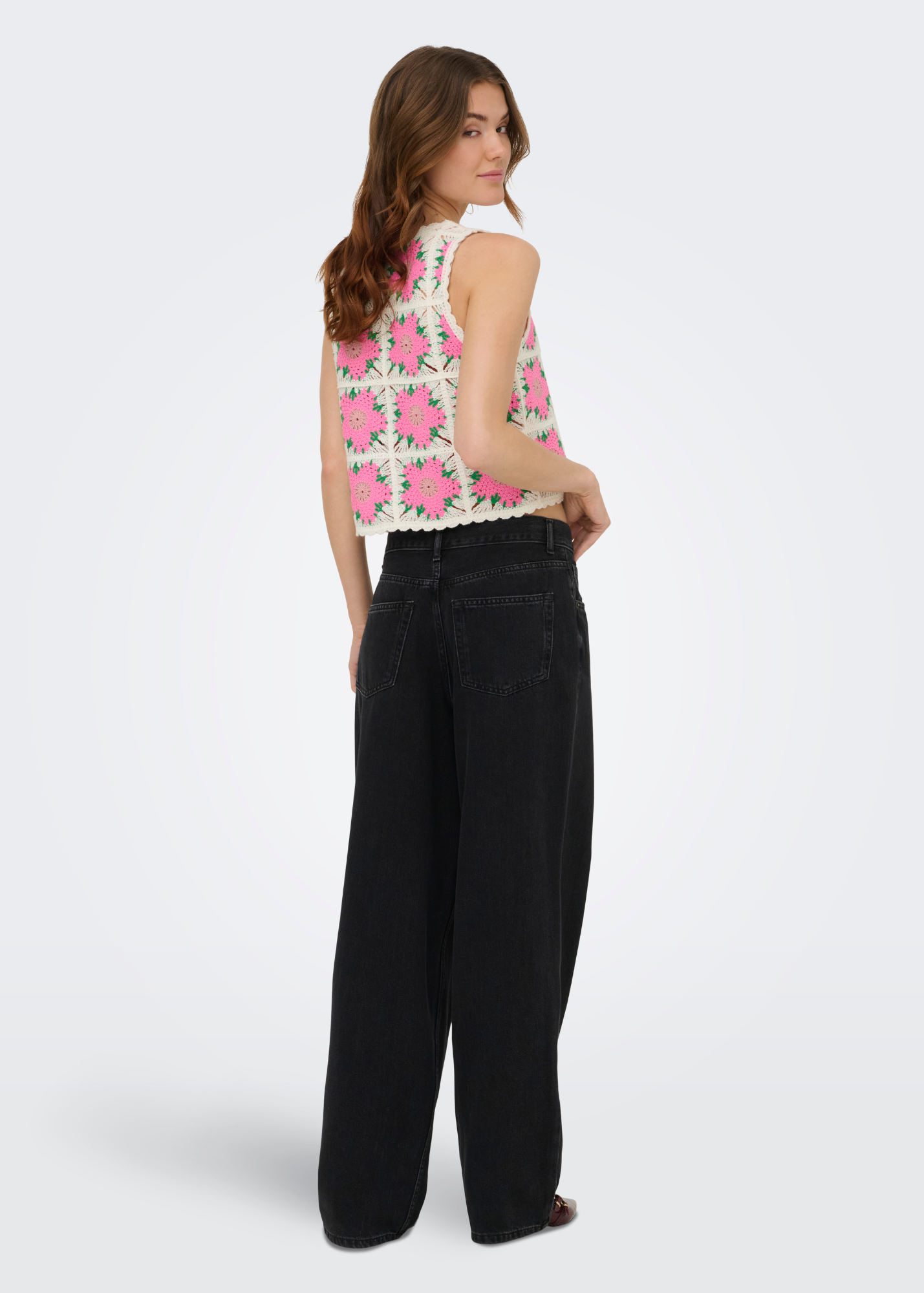 Only - Pink Flowers Crochet Detail Knit Vest