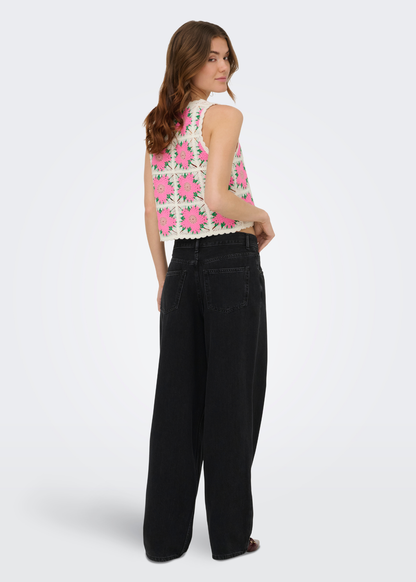 Only - Pink Flowers Crochet Detail Knit Vest