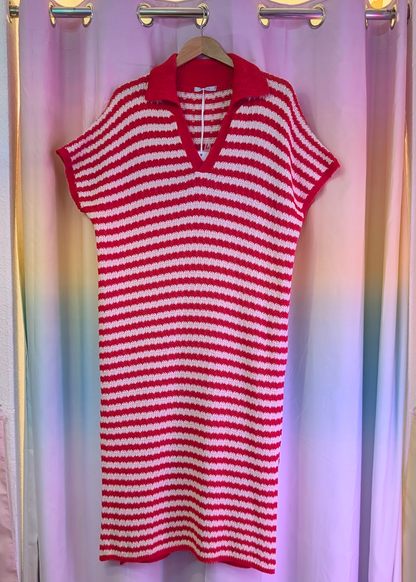 The Edit - Coral & White Knitted Stripe Shirt Dress