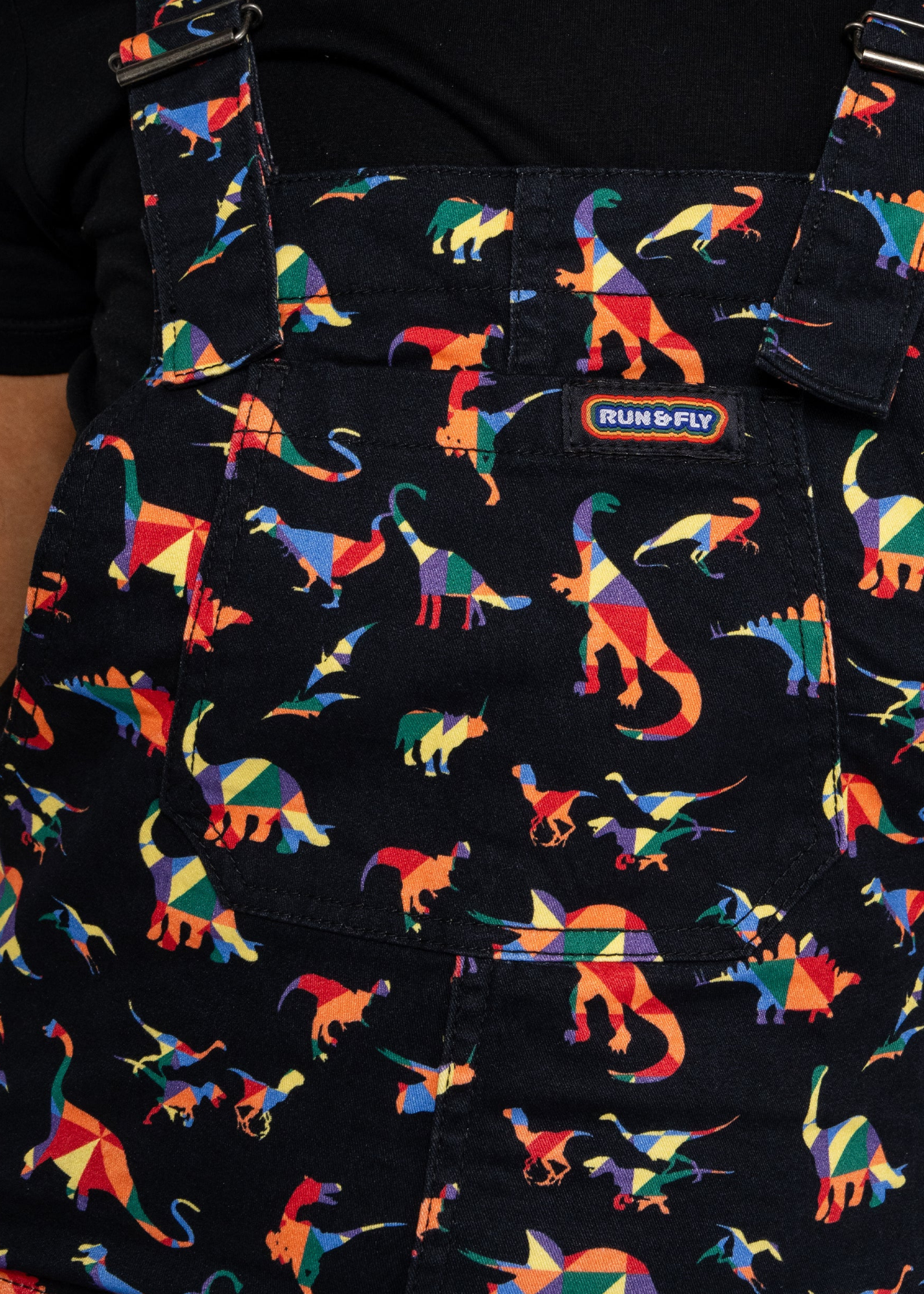 Run & Fly - Unisex Black Twill Rainbow Dinosaur Dungarees
