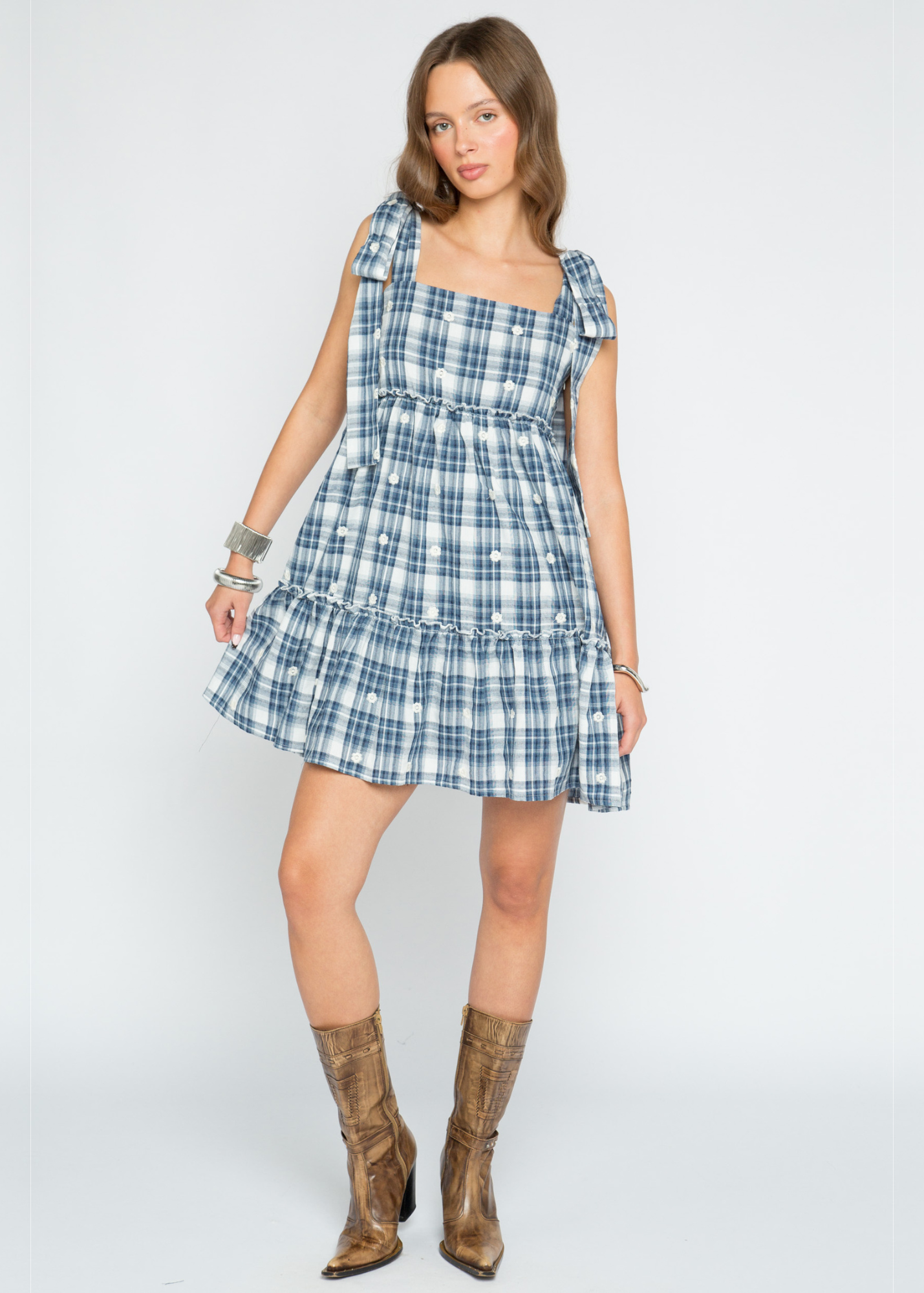 Daisy Street - Dolly Blue Check Mini Dress with White Flowers