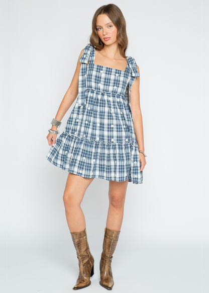 Daisy Street - Dolly Blue Check Mini Dress with White Flowers