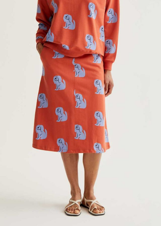 Compañia Fantastica - Rust Jersey Midi Skirt with Blue Dog Print