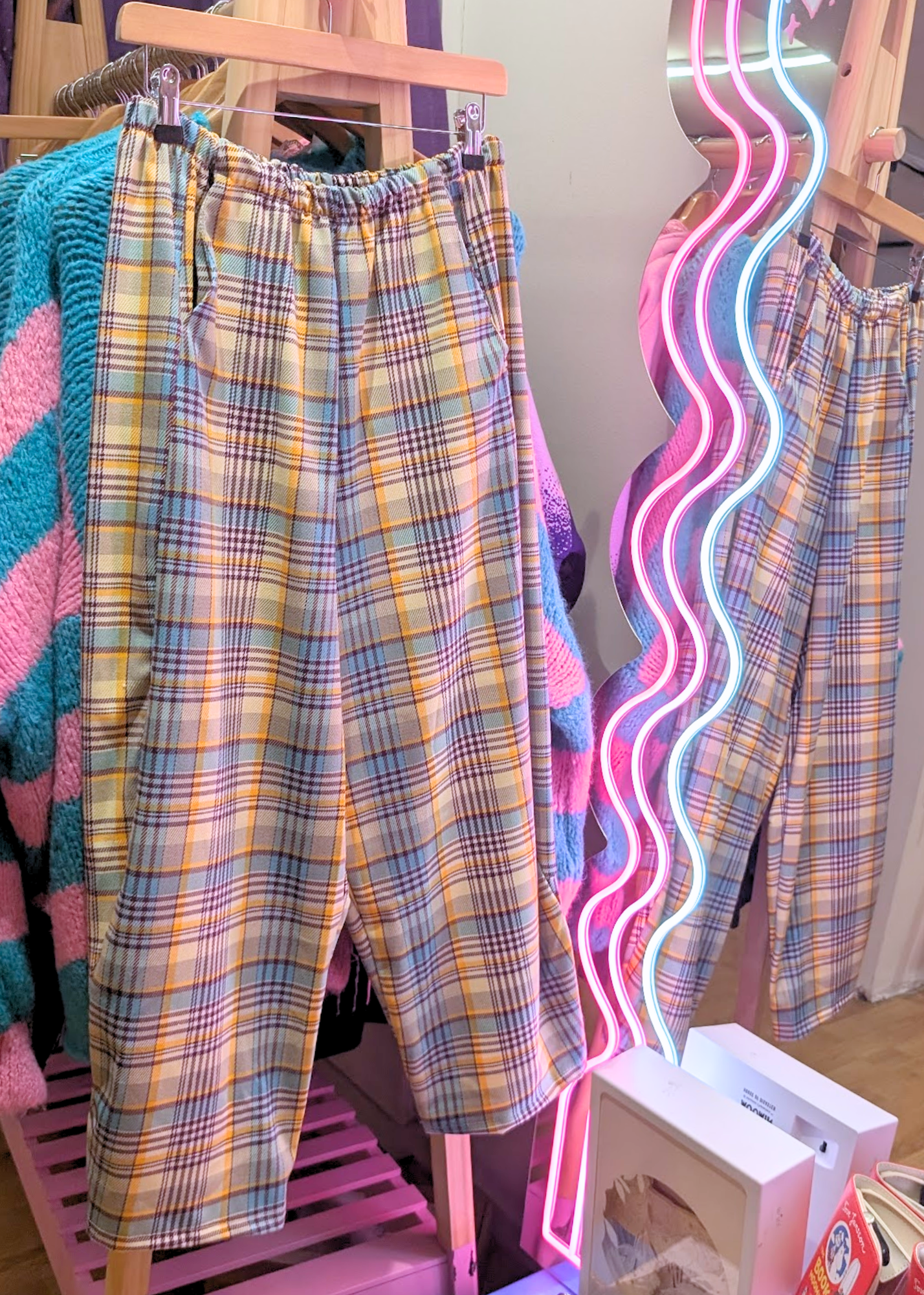 The Edit - Blue & Yellow Woven Check Cocoon Trousers