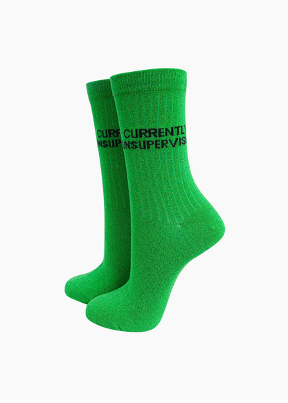Sock Talk - Green Glitter ‘Currently Unsupervised’ Socks