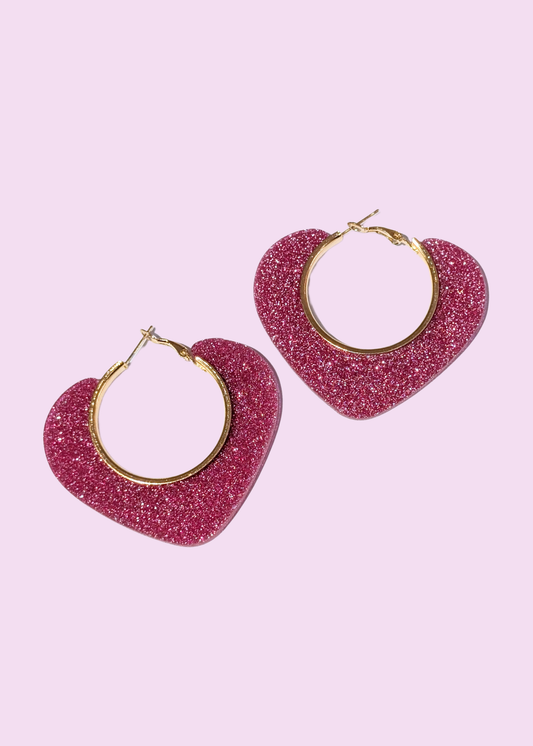 The Edit - Pink Glitter Heart Large Hoop Earrings