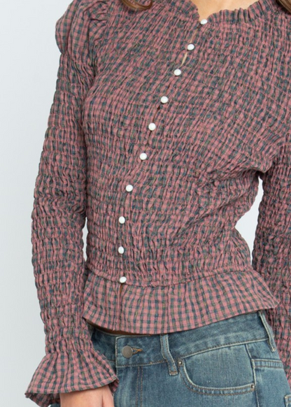 Daisy Street - Fern Pearl Button Shirred Top