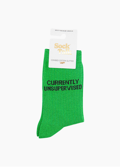 Sock Talk - Green Glitter ‘Currently Unsupervised’ Socks