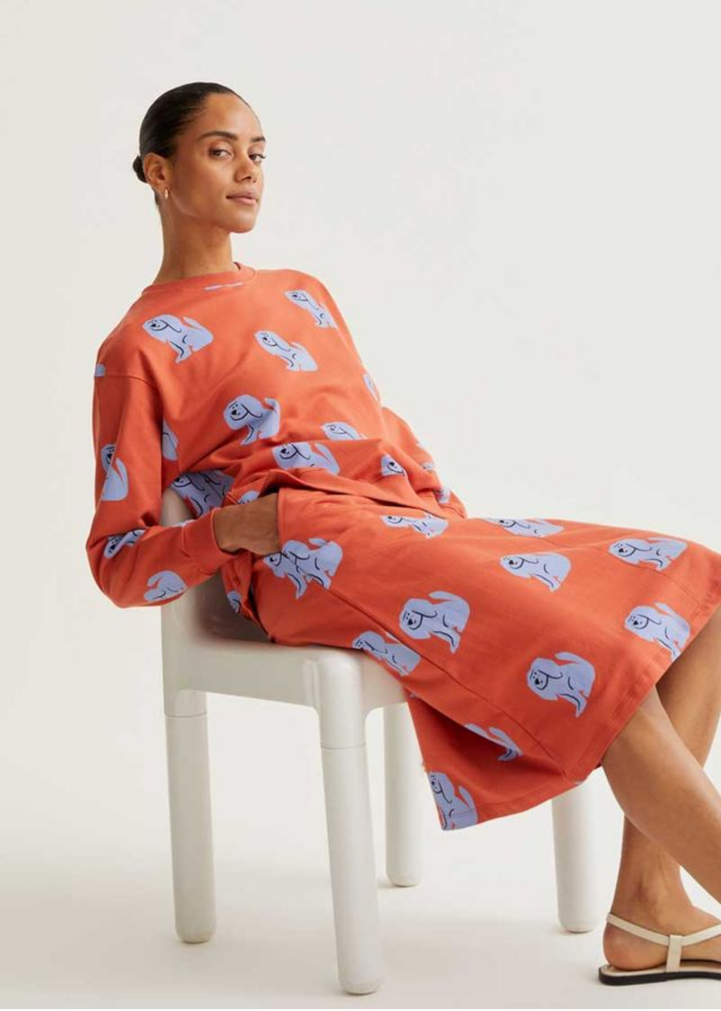 Compañia Fantastica - Rust Jersey Midi Skirt with Blue Dog Print