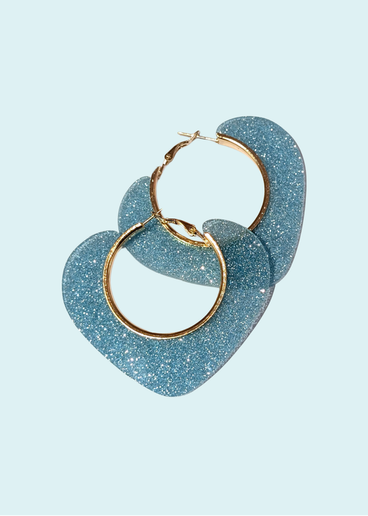 The Edit - Blue Glitter Heart Large Hoop Earrings