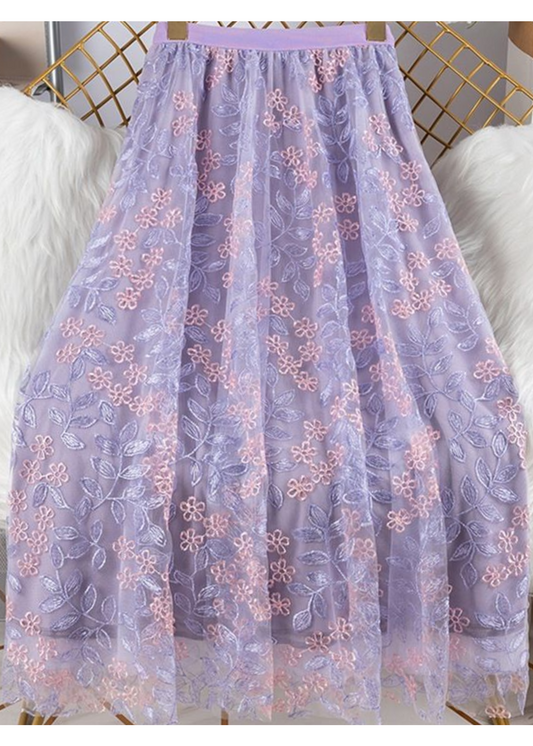 The Edit - Lilac Tulle Skirt with Embroidered Pink Flowers