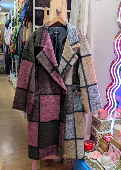 The Edit - Oversized Half 'n' Half Colourful Check Blanket Coat in Pink, Brown & Beige