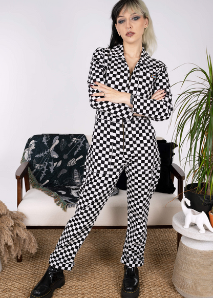 Run & Fly - Black & White Checkerboard Stretch Twill Boiler Suit