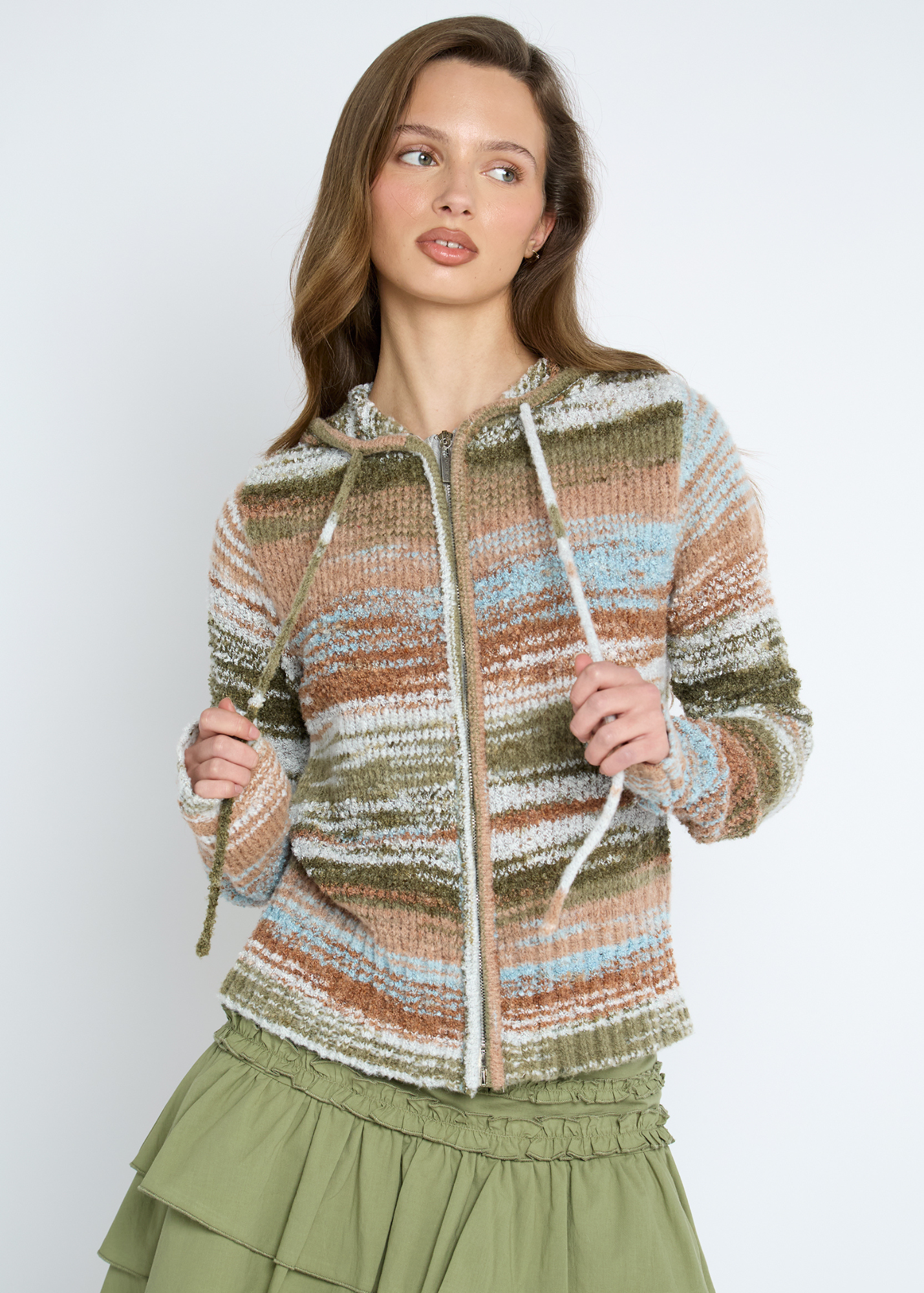 Daisy Street - Earthy Striped Knit Hoodie