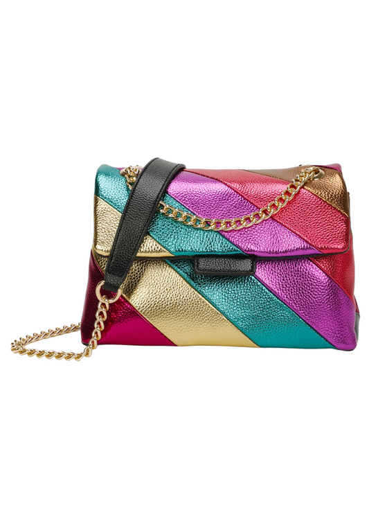 The Edit - Metallic Rainbow Stripe Mini Satchel Bag in Pink & Purple