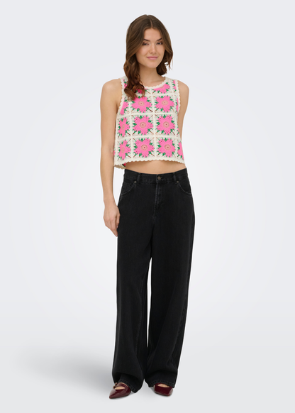 Only - Pink Flowers Crochet Detail Knit Vest