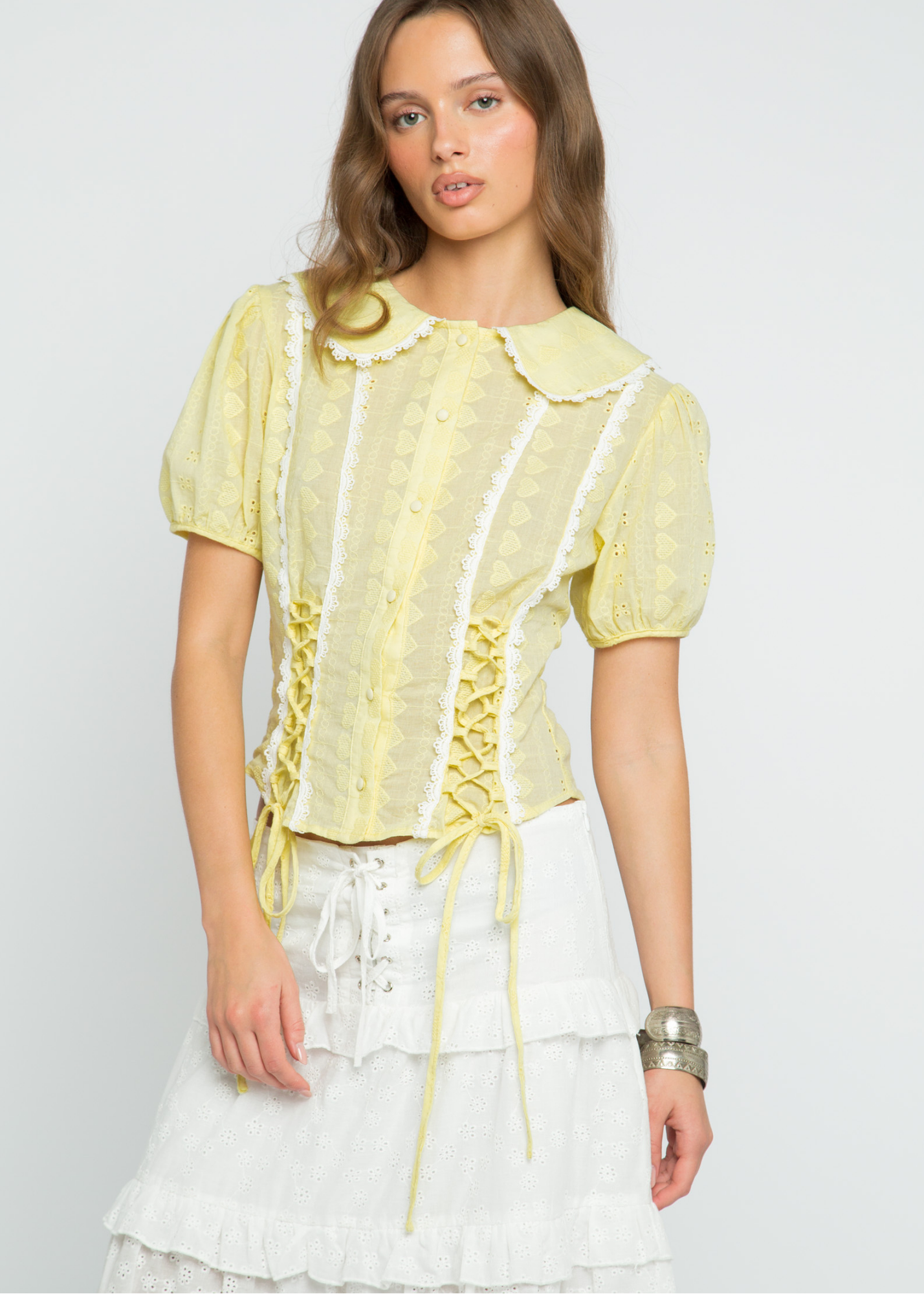 Daisy Street - Lemonbelle Peter Pan Collar Lace up Shirt