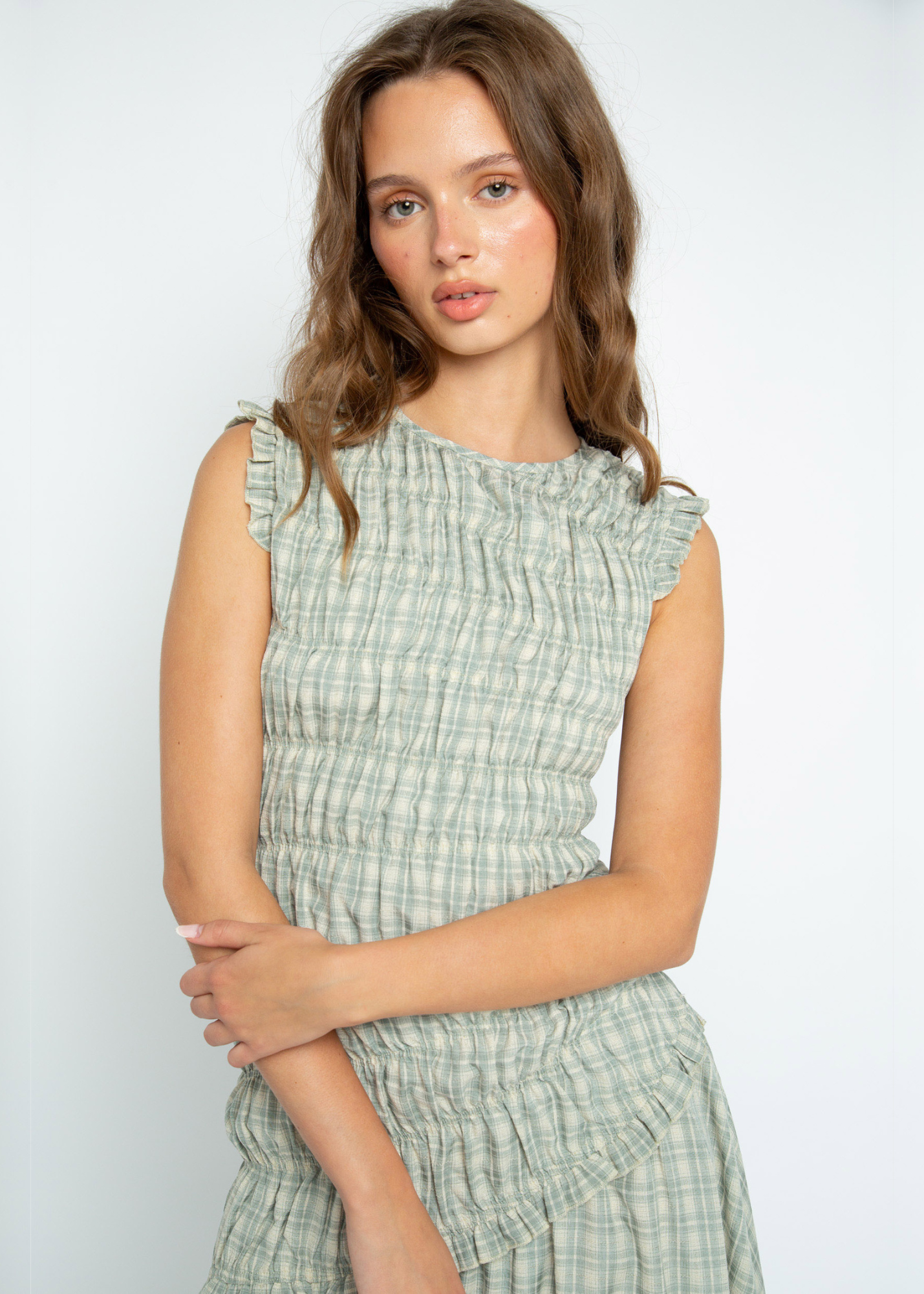 Daisy Street - Vivi Green Check Asymmetric Shirred Midi Dress