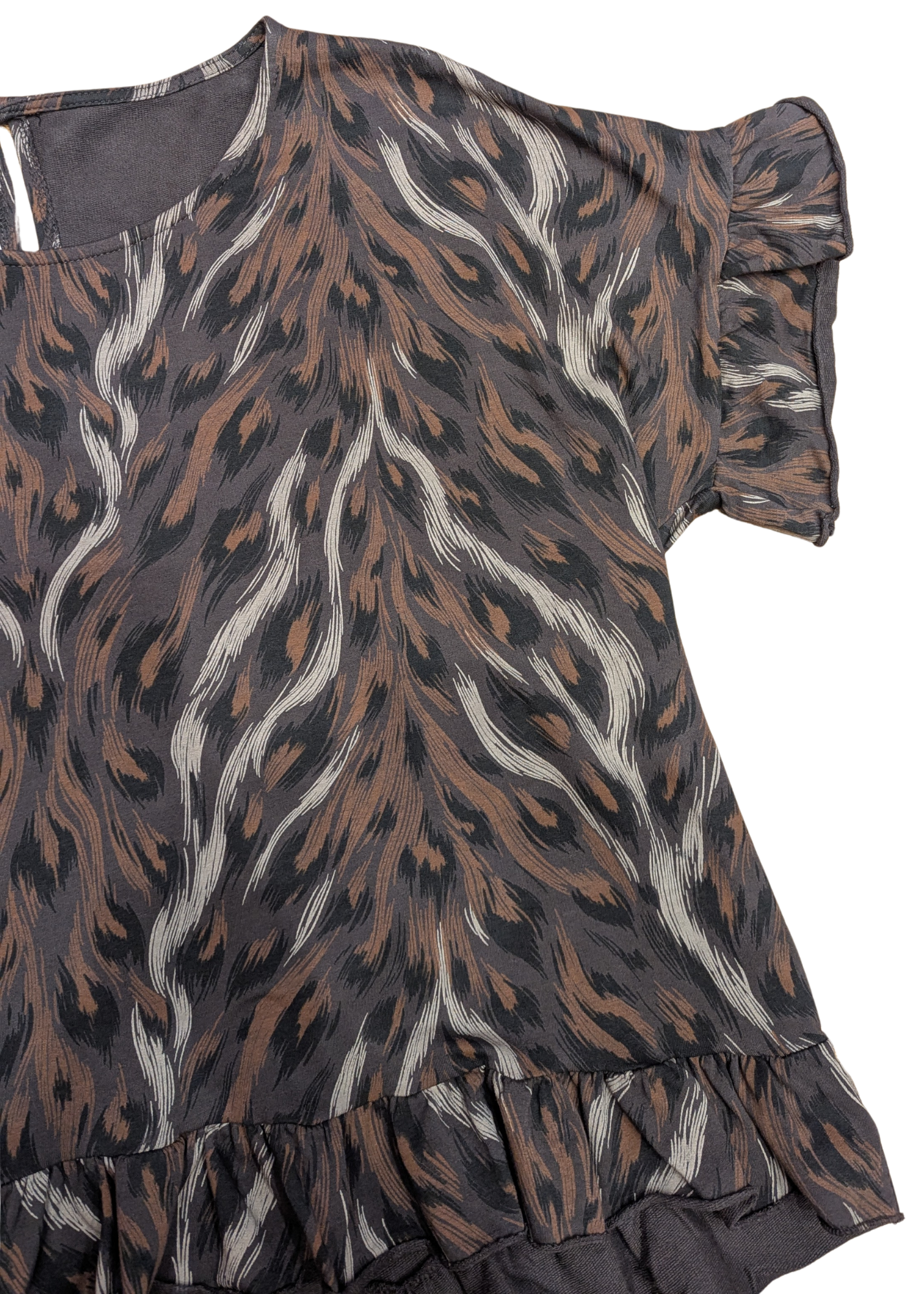 The Edit - Chocolate Brown Big Cat Print Jersey Frill Top