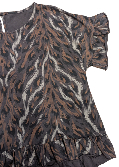 The Edit - Chocolate Brown Big Cat Print Jersey Frill Top