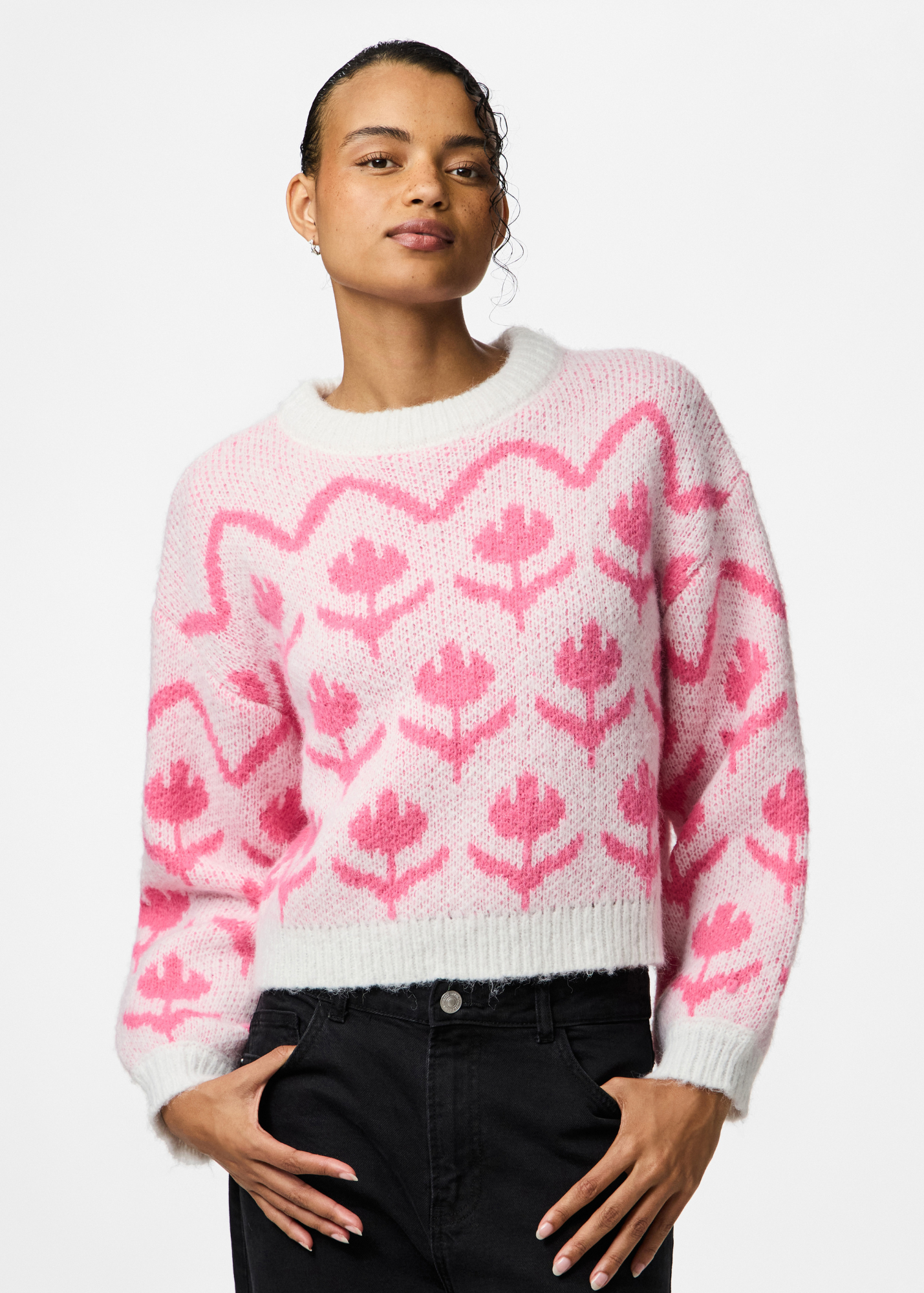 Pieces - Pink Flowers Jacquard Knit Jumper