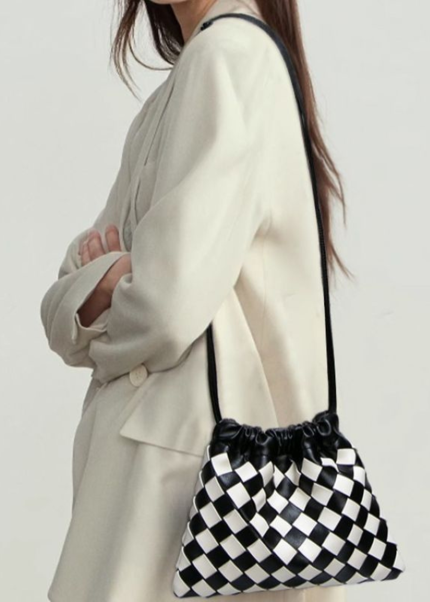 The Edit - Black & White Woven Check Drawstring Pouch Bag