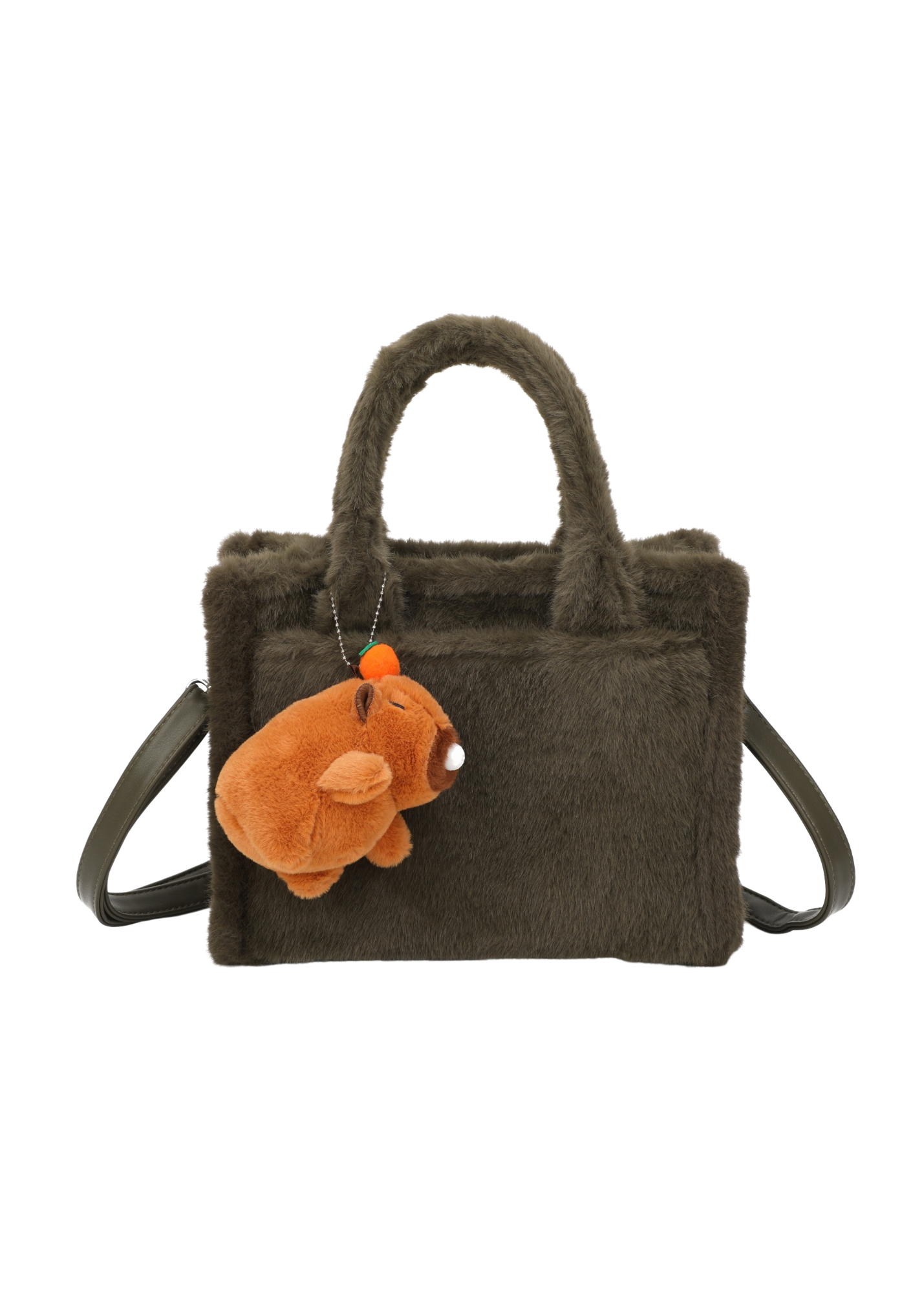 The Edit - Olive Faux Fur Tote Handbag with Capybara Charm