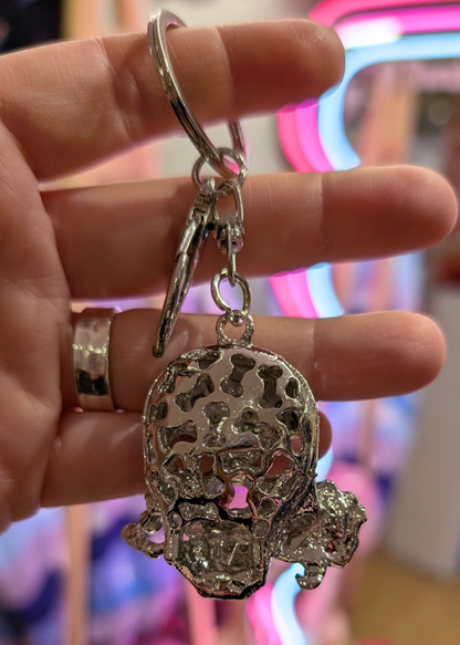 The Edit - Silver Skull Bag Charm Keyring with Pink Rose