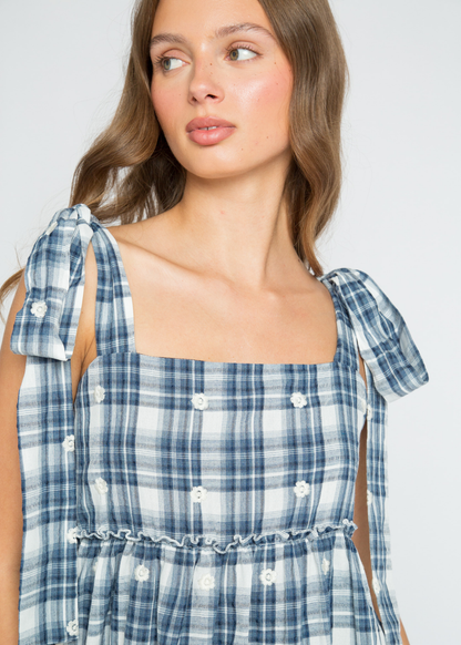 Daisy Street - Dolly Blue Check Mini Dress with White Flowers