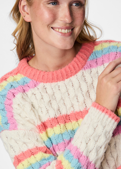 Pieces - Cream and Rainbow Stripe Knit Cable Jumper