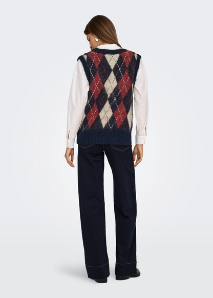 Only - Argyle Knit Vest in Navy and Red