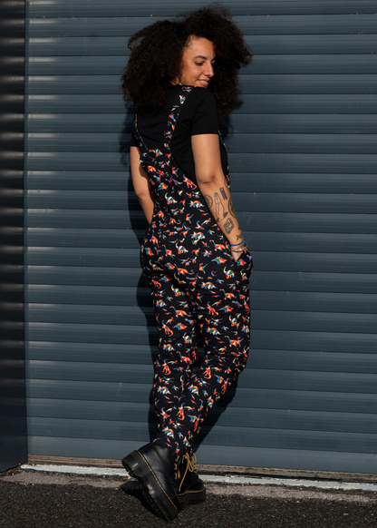 Run & Fly - Unisex Black Twill Rainbow Dinosaur Dungarees