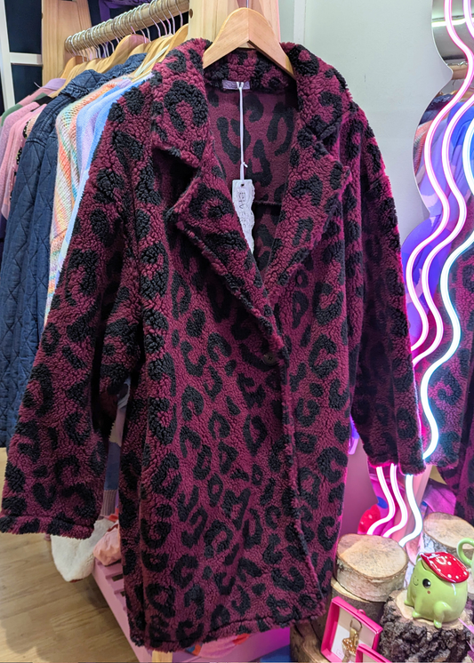 The Edit - Burgundy Leopard Print Teddy Fleece Jacket