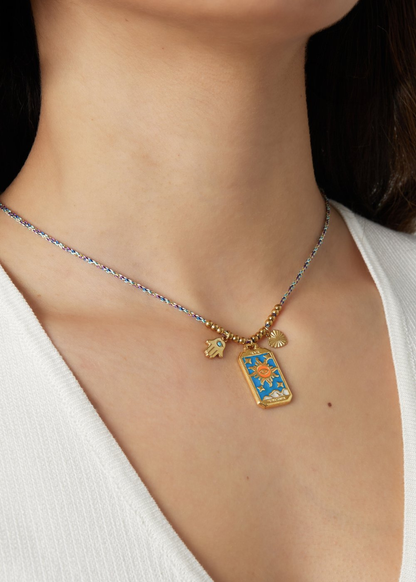 The Edit - Sun Tarot Necklace in Gold and Blue Enamel
