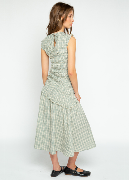 Daisy Street - Vivi Green Check Asymmetric Shirred Midi Dress