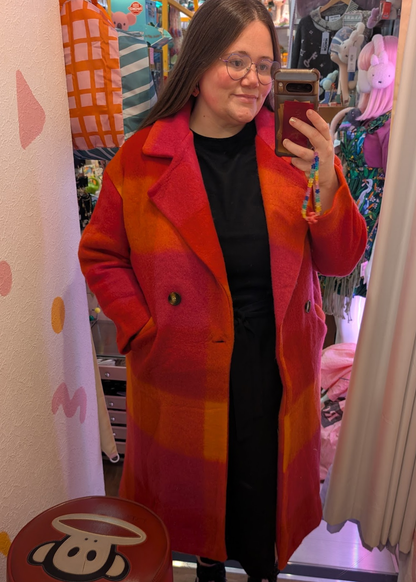 The Edit - Oversized Orange, Pink & Red Checked Coat