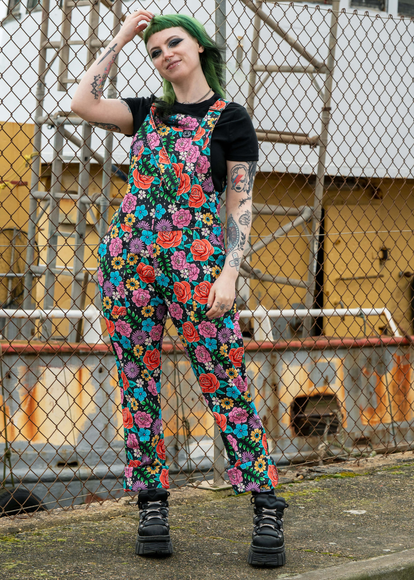 Rebel Romance - Tattoo Floral Stretch Dungarees