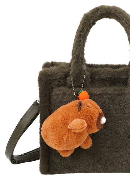 The Edit - Olive Faux Fur Tote Handbag with Capybara Charm