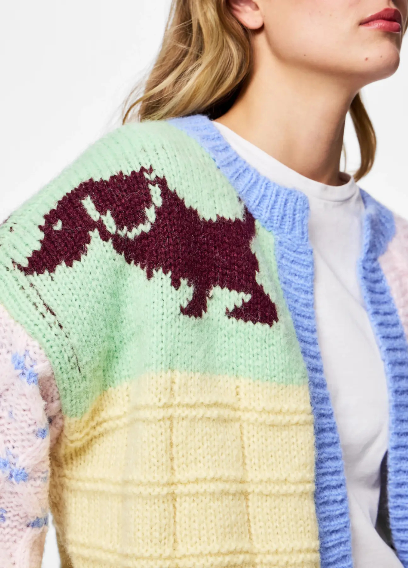 Pieces - Dog Pastel Colour Block Knit Cardigan