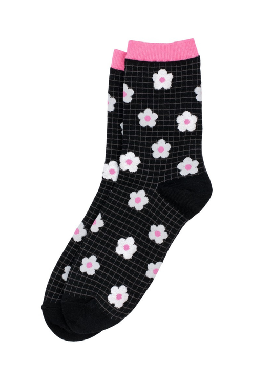 Joe Cool - Black and Pink Flower Grid Socks